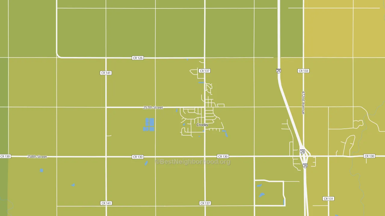 Map of the best neighborhoods in the Crooks area, with better matches in green and worse matches in red