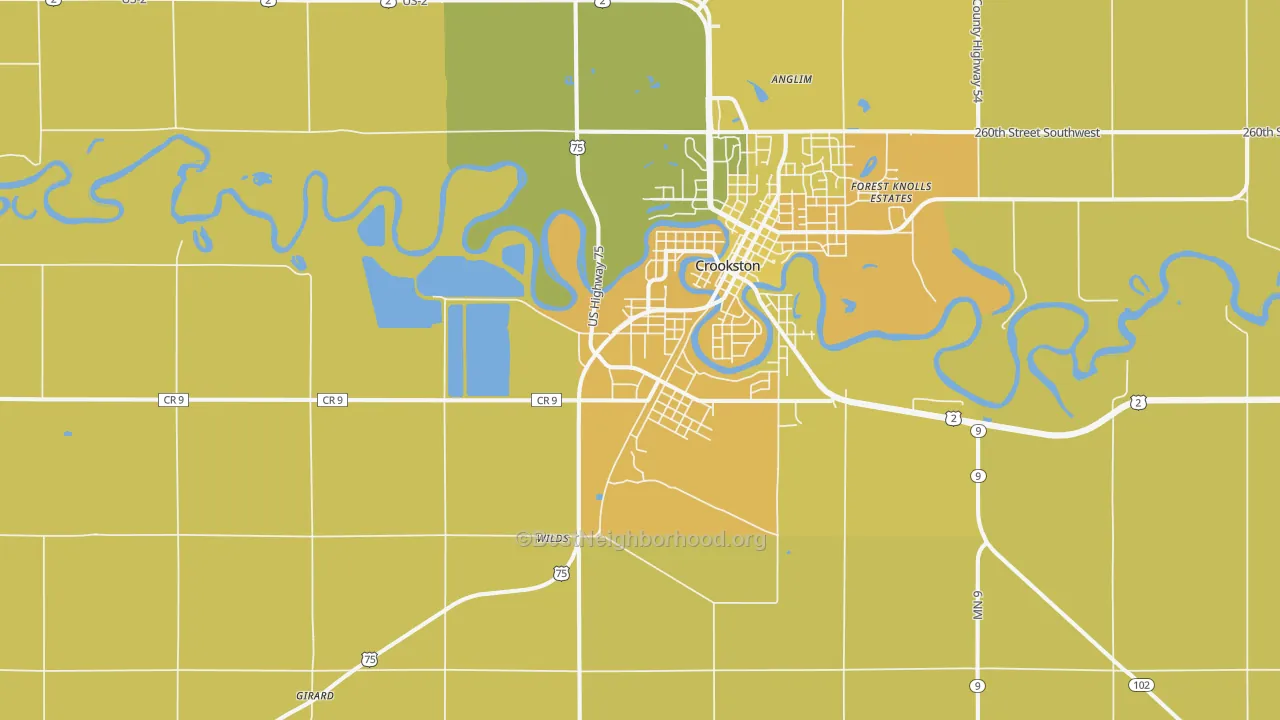 Map of the best neighborhoods in the Crookston Junction area, with better matches in green and worse matches in red