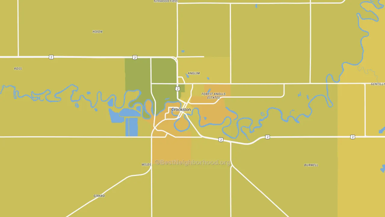 Map of the best neighborhoods in the Crookston area, with better matches in green and worse matches in red