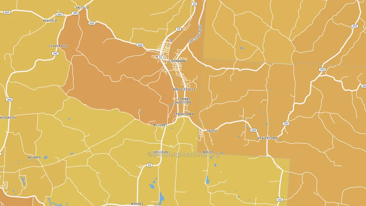 Map of the best neighborhoods in the Crooksville area, with better matches in green and worse matches in red