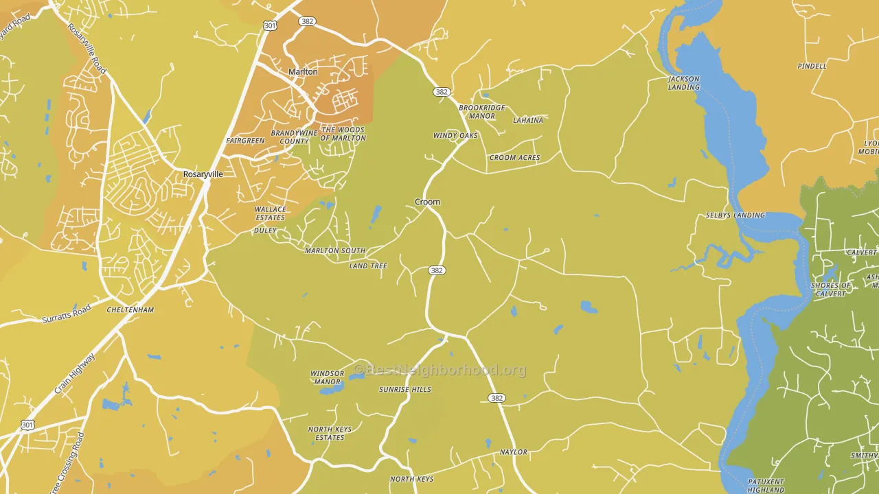 Map of the best neighborhoods in the Croom area, with better matches in green and worse matches in red