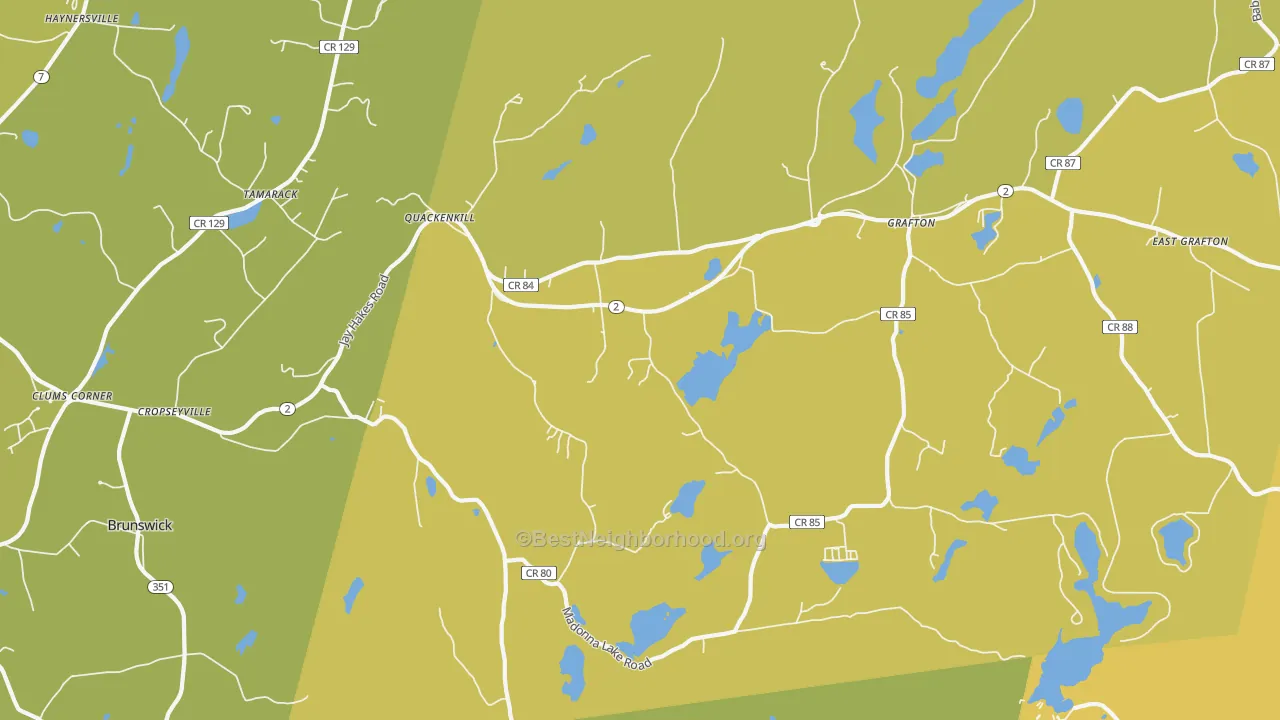 Map of the best neighborhoods in the Cropseyville area, with better matches in green and worse matches in red