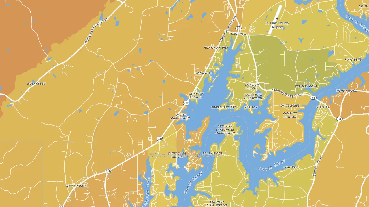 Map of the best neighborhoods in the Cropwell area, with better matches in green and worse matches in red