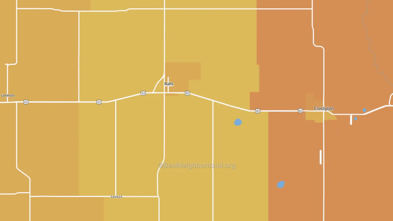 Map of the best neighborhoods in the Crosby County area, with better matches in green and worse matches in red