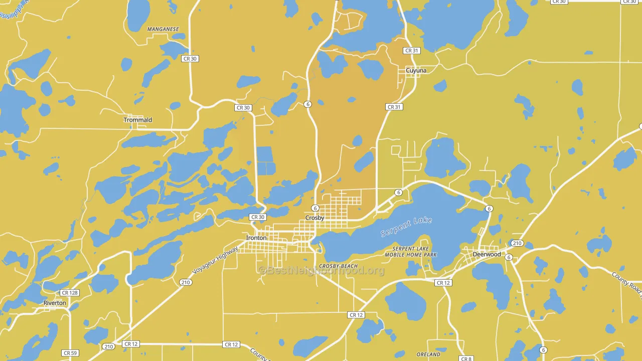Map of the best neighborhoods in the Crosby area, with better matches in green and worse matches in red