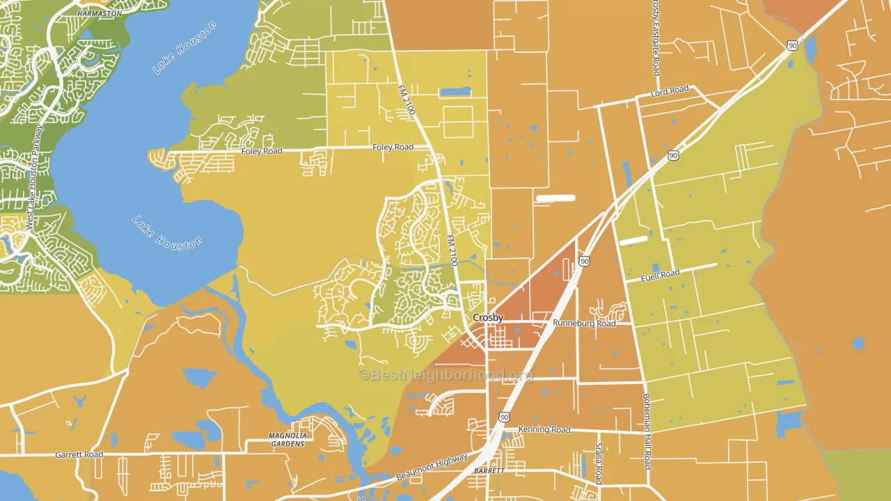 Map of the best neighborhoods in the Crosby area, with better matches in green and worse matches in red