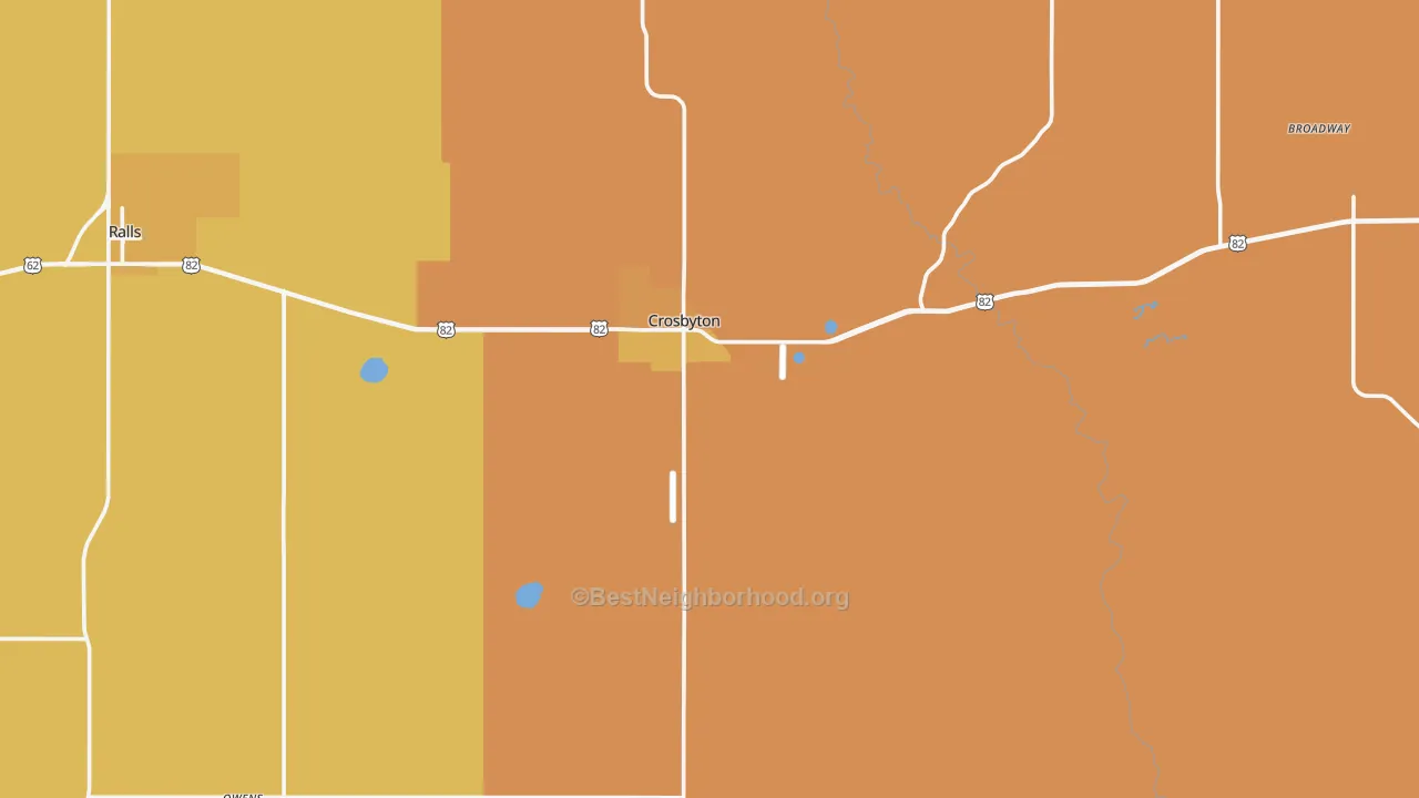 Map of the best neighborhoods in the Crosbyton area, with better matches in green and worse matches in red