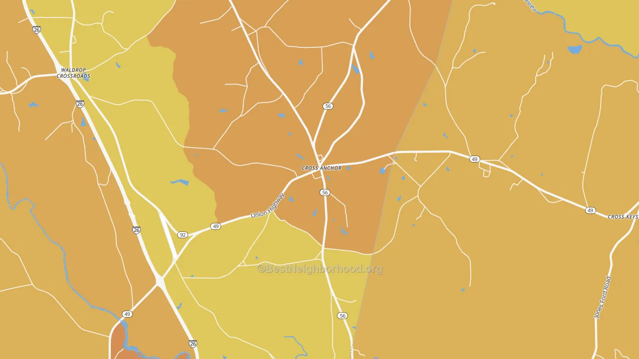Map of the best neighborhoods in the Cross Anchor area, with better matches in green and worse matches in red