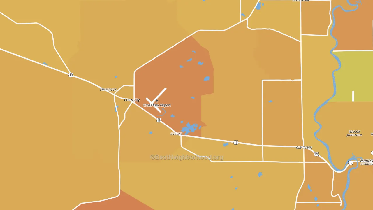 Map of the best neighborhoods in the Cross City area, with better matches in green and worse matches in red