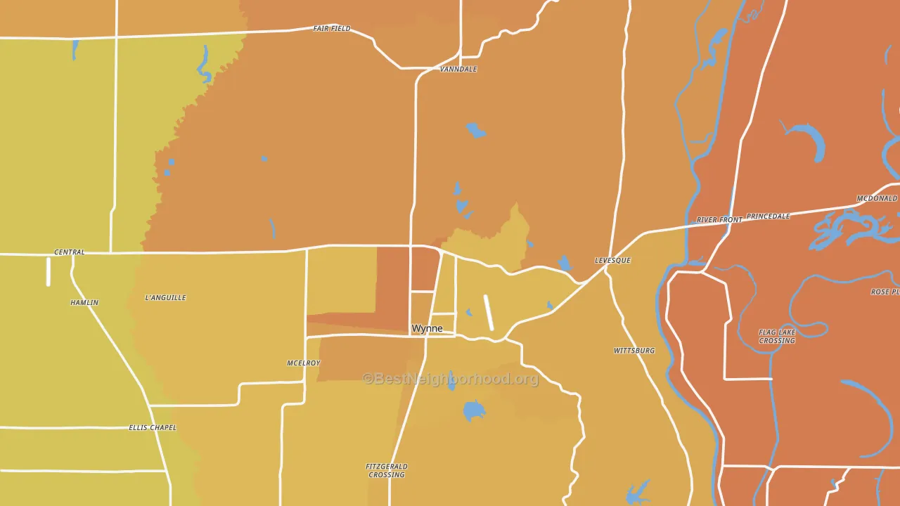 Map of the best neighborhoods in the Cross County area, with better matches in green and worse matches in red
