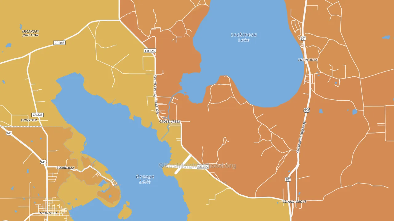 Map of the best neighborhoods in the Cross Creek area, with better matches in green and worse matches in red
