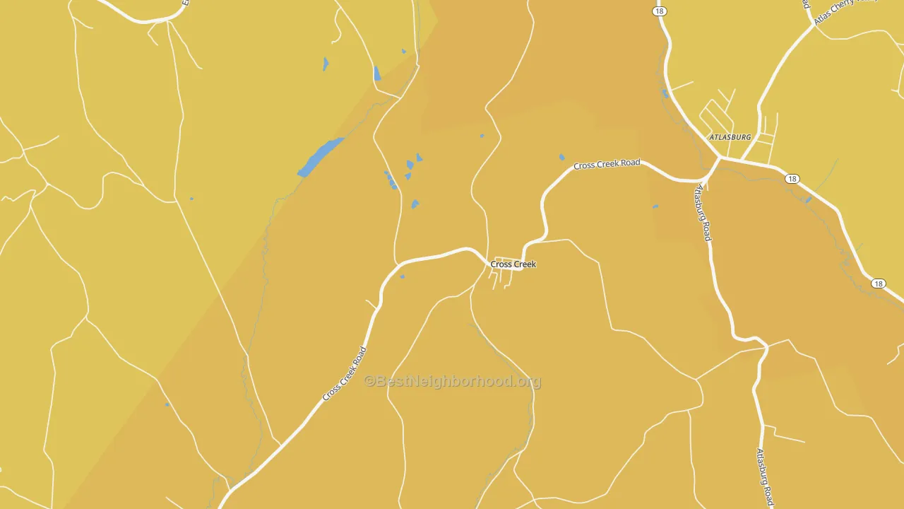 Map of the best neighborhoods in the Cross Creek area, with better matches in green and worse matches in red