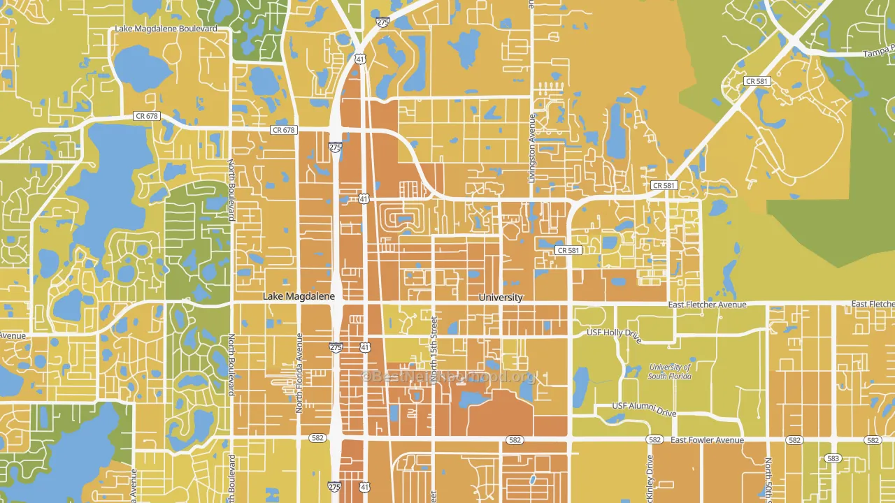Map of the best neighborhoods in the Cross Fletcher, University area, with better matches in green and worse matches in red