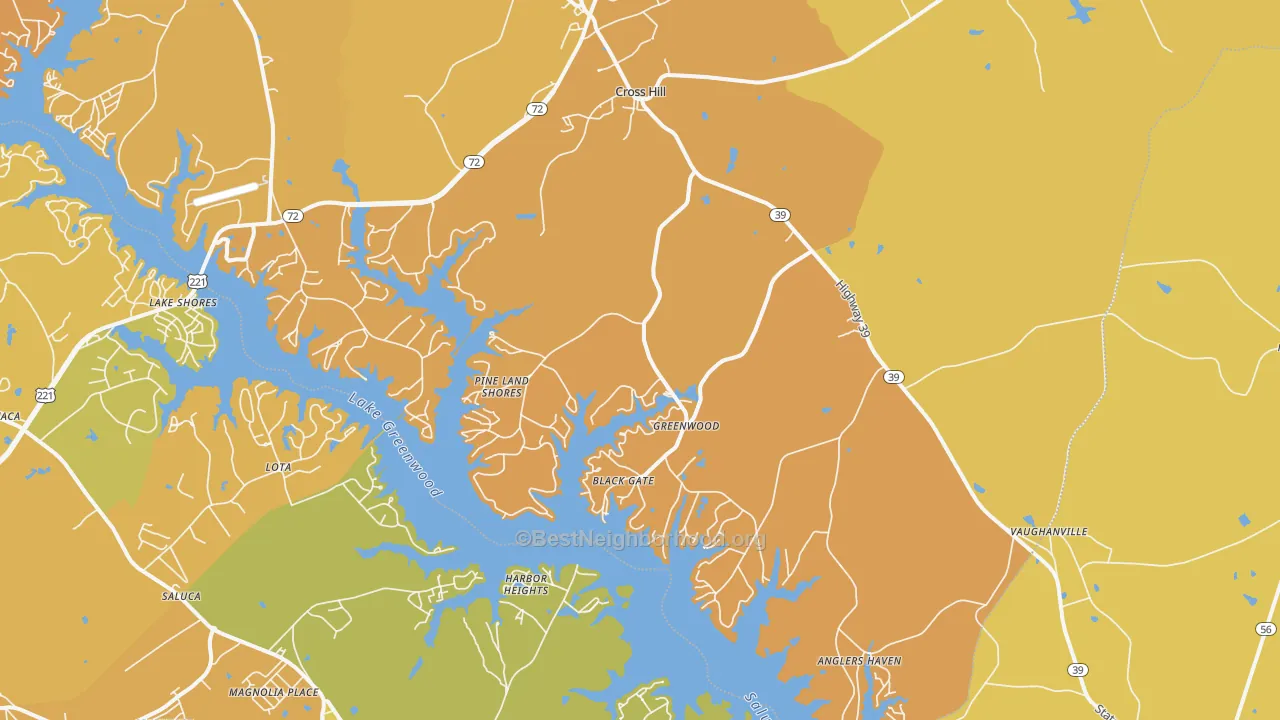 Map of the best neighborhoods in the Cross Hill area, with better matches in green and worse matches in red