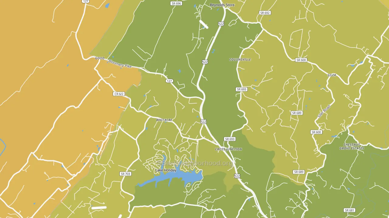 Map of the best neighborhoods in the Cross Junction area, with better matches in green and worse matches in red