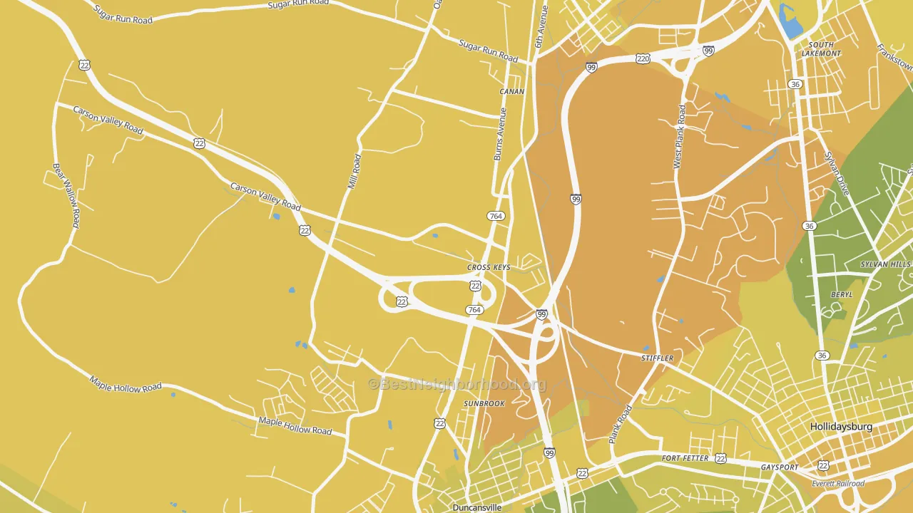 Map of the best neighborhoods in the Cross Keys area, with better matches in green and worse matches in red