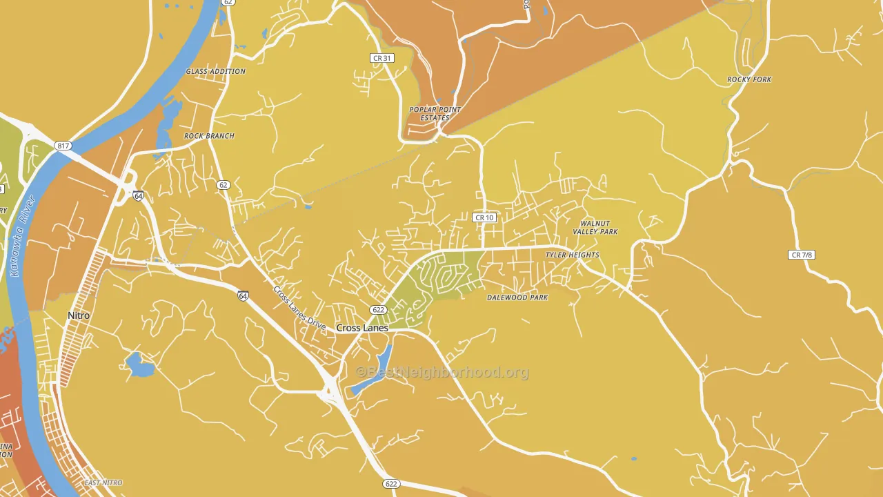 Map of the best neighborhoods in the Cross Lanes area, with better matches in green and worse matches in red