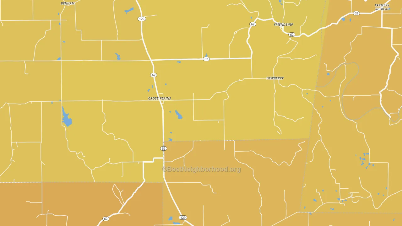 Map of the best neighborhoods in the Cross Plains area, with better matches in green and worse matches in red