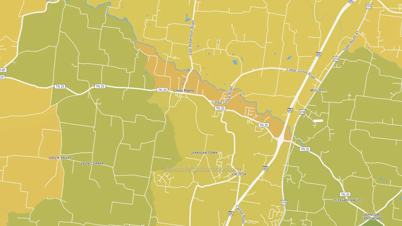 Map of the best neighborhoods in the Cross Plains area, with better matches in green and worse matches in red