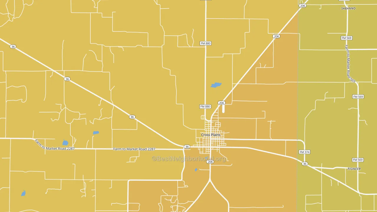 Map of the best neighborhoods in the Cross Plains area, with better matches in green and worse matches in red
