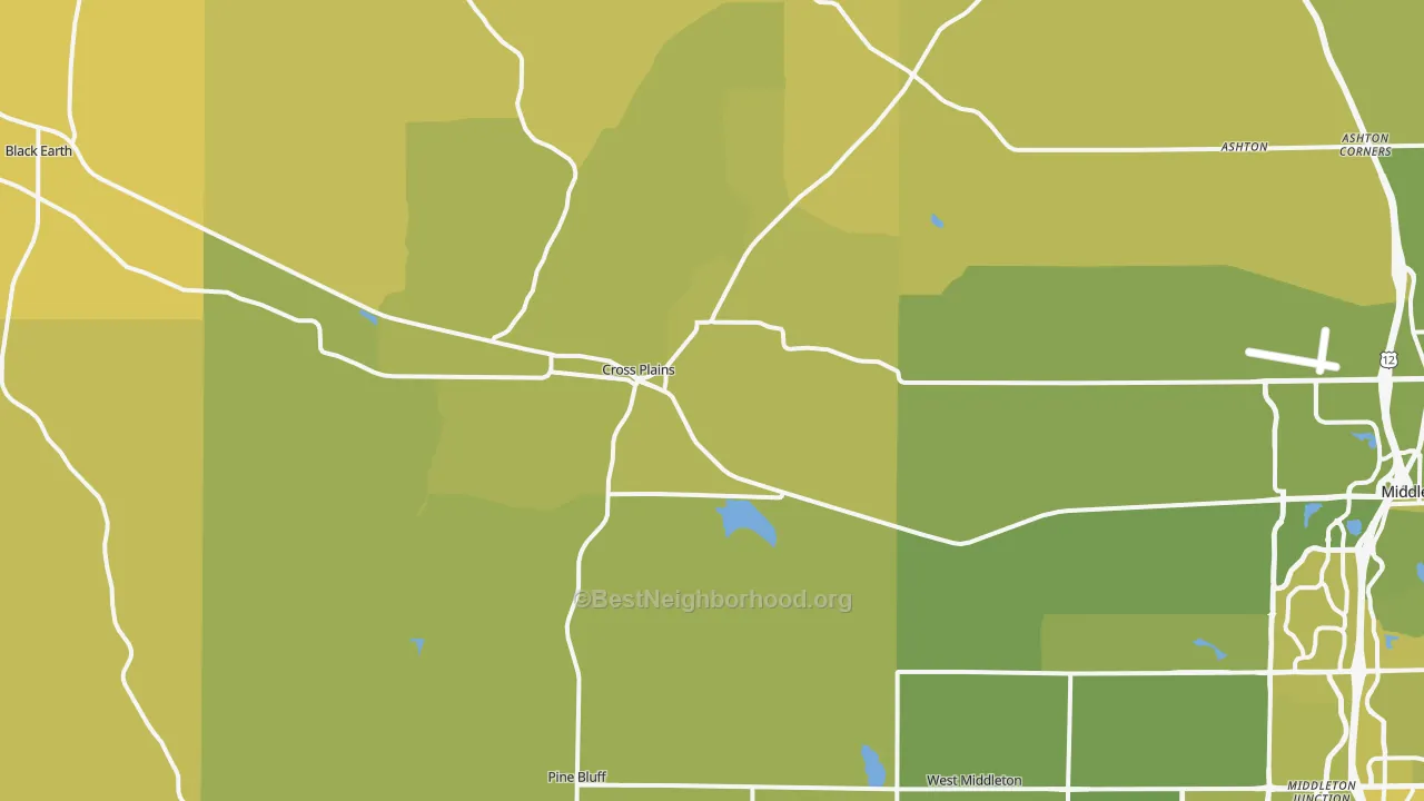 Map of the best neighborhoods in the Cross Plains area, with better matches in green and worse matches in red