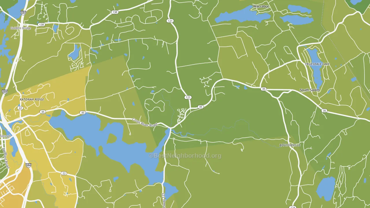 Map of the best neighborhoods in the Cross River area, with better matches in green and worse matches in red