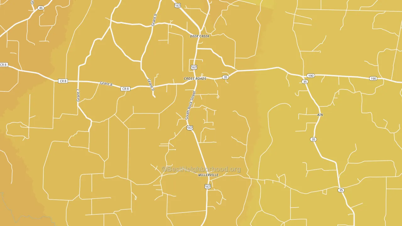 Map of the best neighborhoods in the Cross Roads area, with better matches in green and worse matches in red