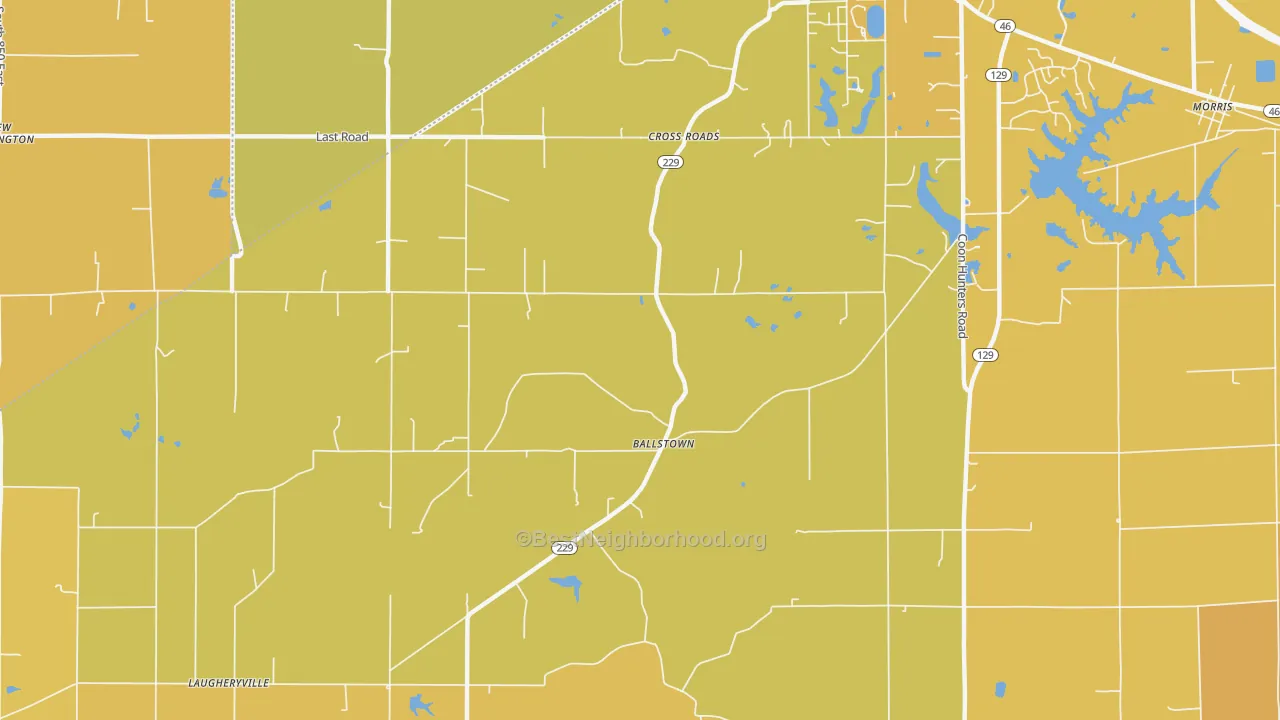 Map of the best neighborhoods in the Cross Roads area, with better matches in green and worse matches in red