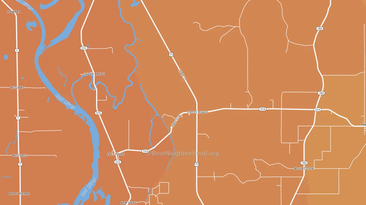 Map of the best neighborhoods in the Cross Roads area, with better matches in green and worse matches in red
