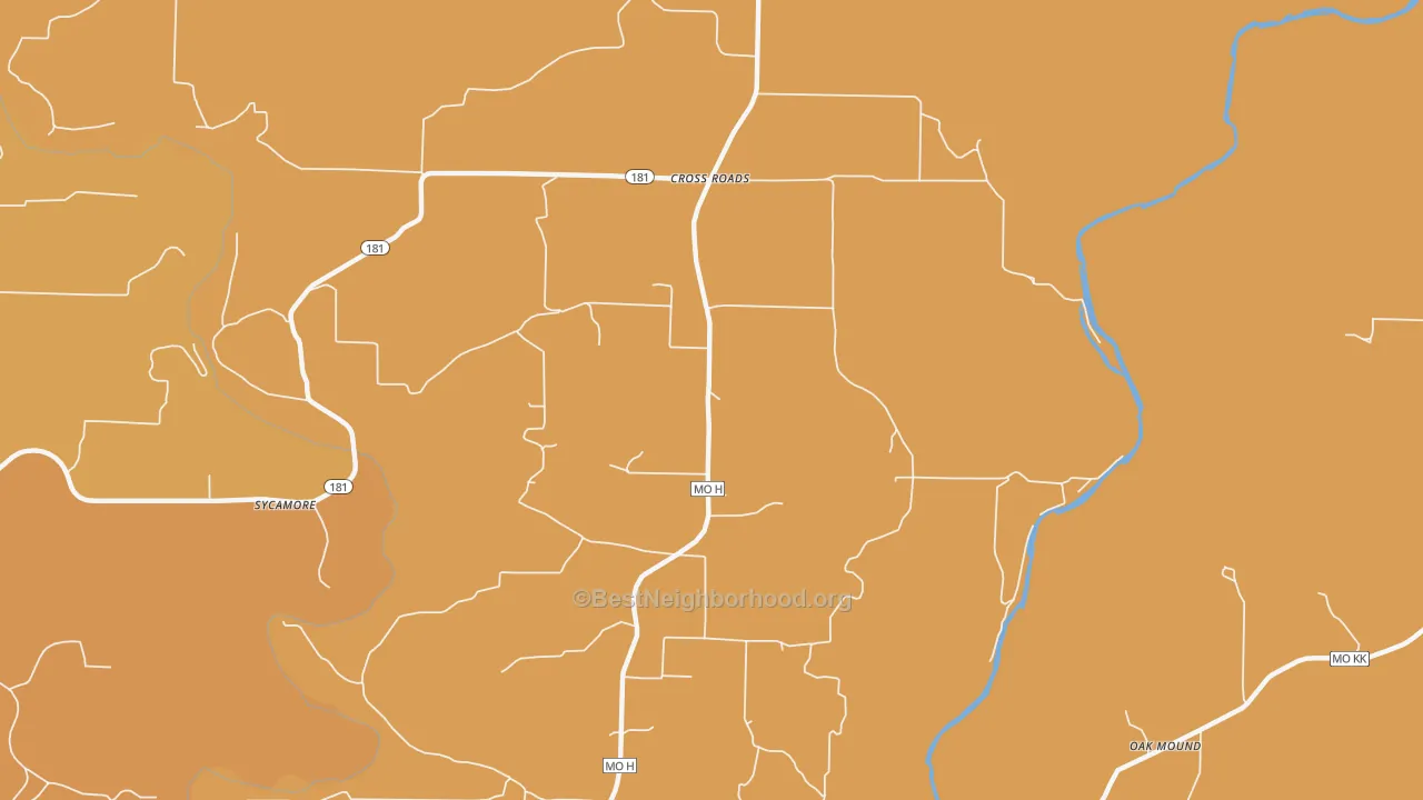 Map of the best neighborhoods in the Cross Roads area, with better matches in green and worse matches in red