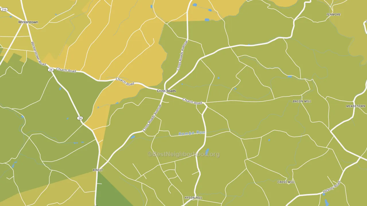 Map of the best neighborhoods in the Cross Roads area, with better matches in green and worse matches in red