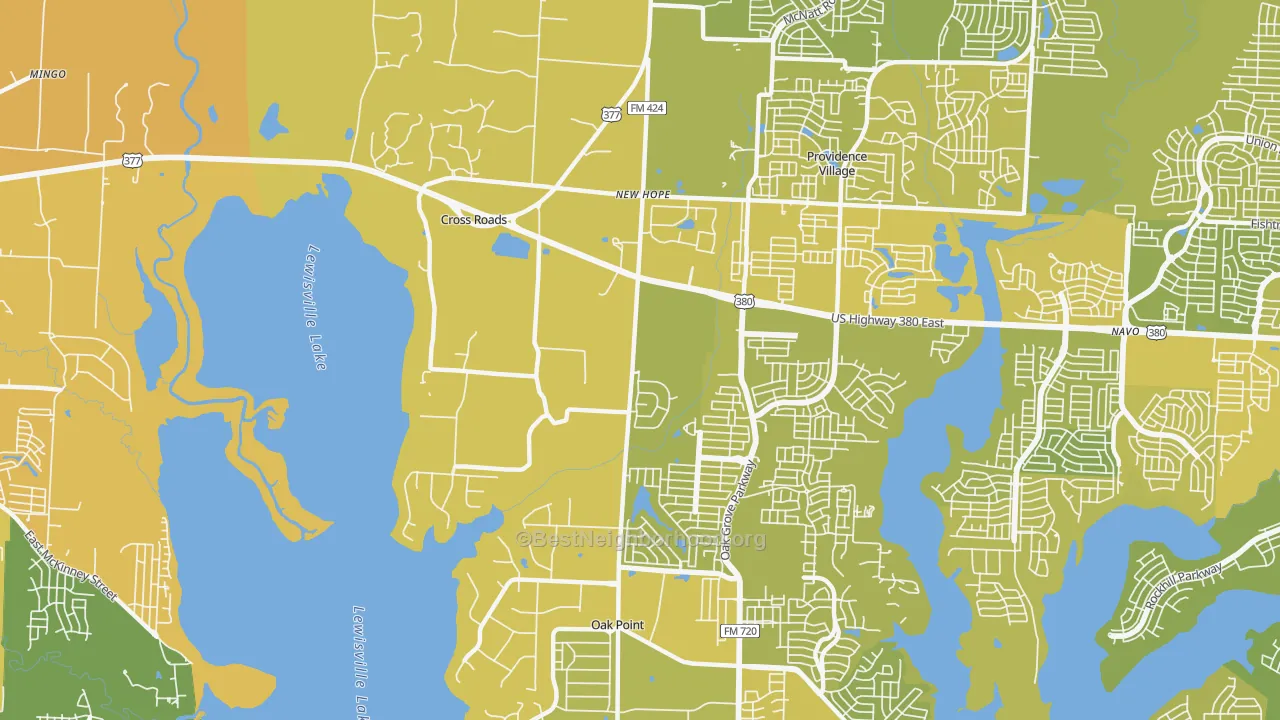 Map of the best neighborhoods in the Cross Roads area, with better matches in green and worse matches in red