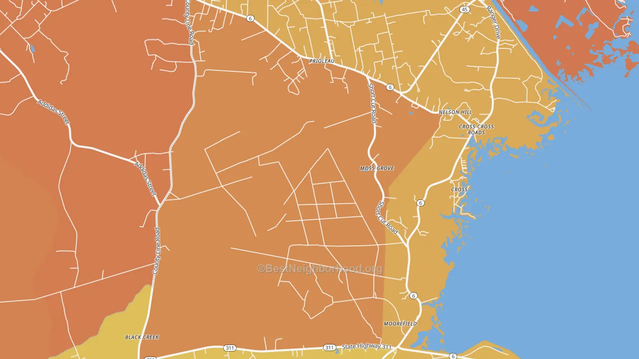 Map of the best neighborhoods in the Cross area, with better matches in green and worse matches in red