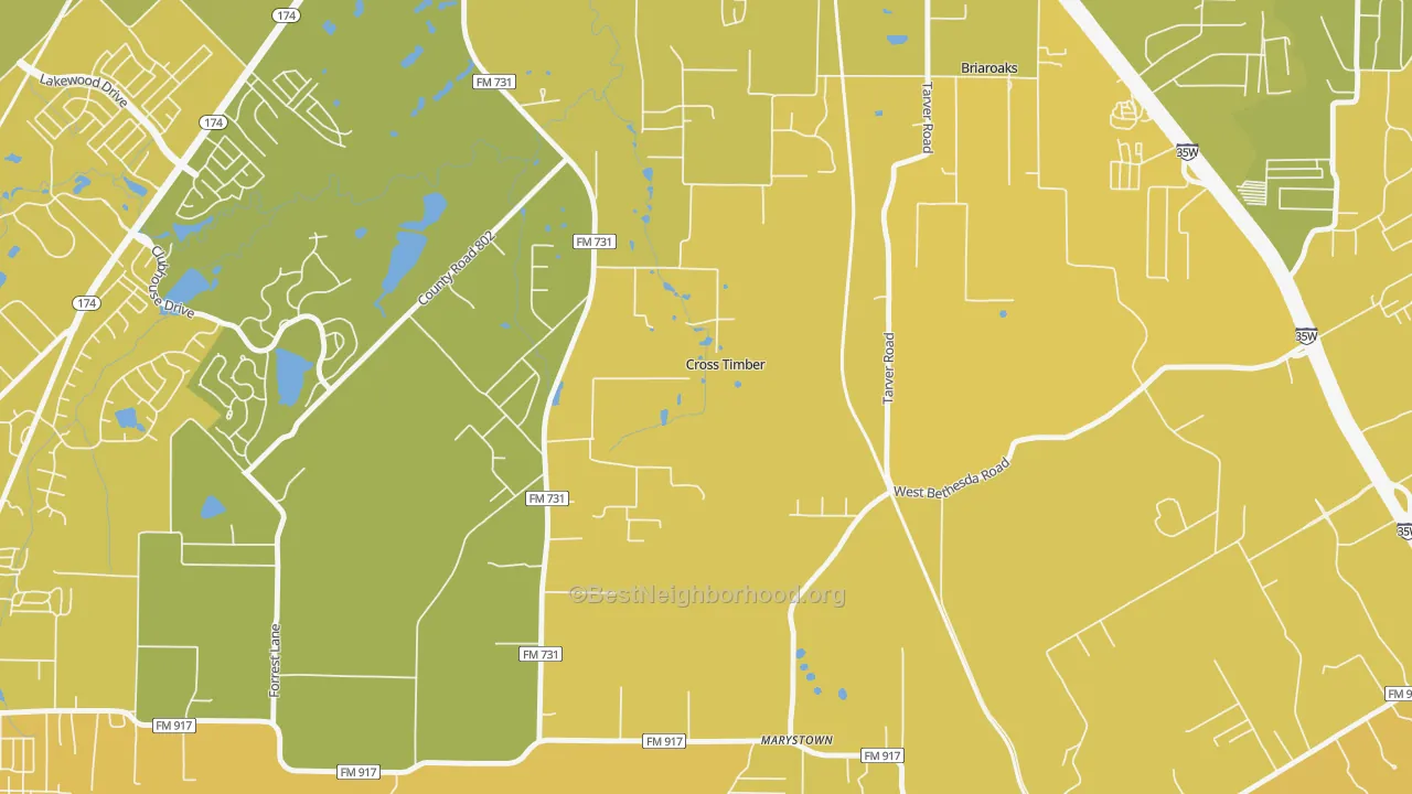 Map of the best neighborhoods in the Cross Timber area, with better matches in green and worse matches in red