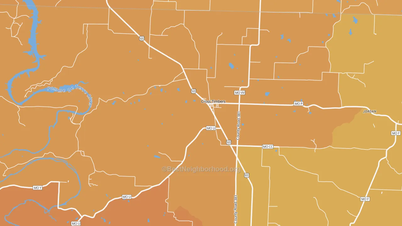 Map of the best neighborhoods in the Cross Timbers area, with better matches in green and worse matches in red