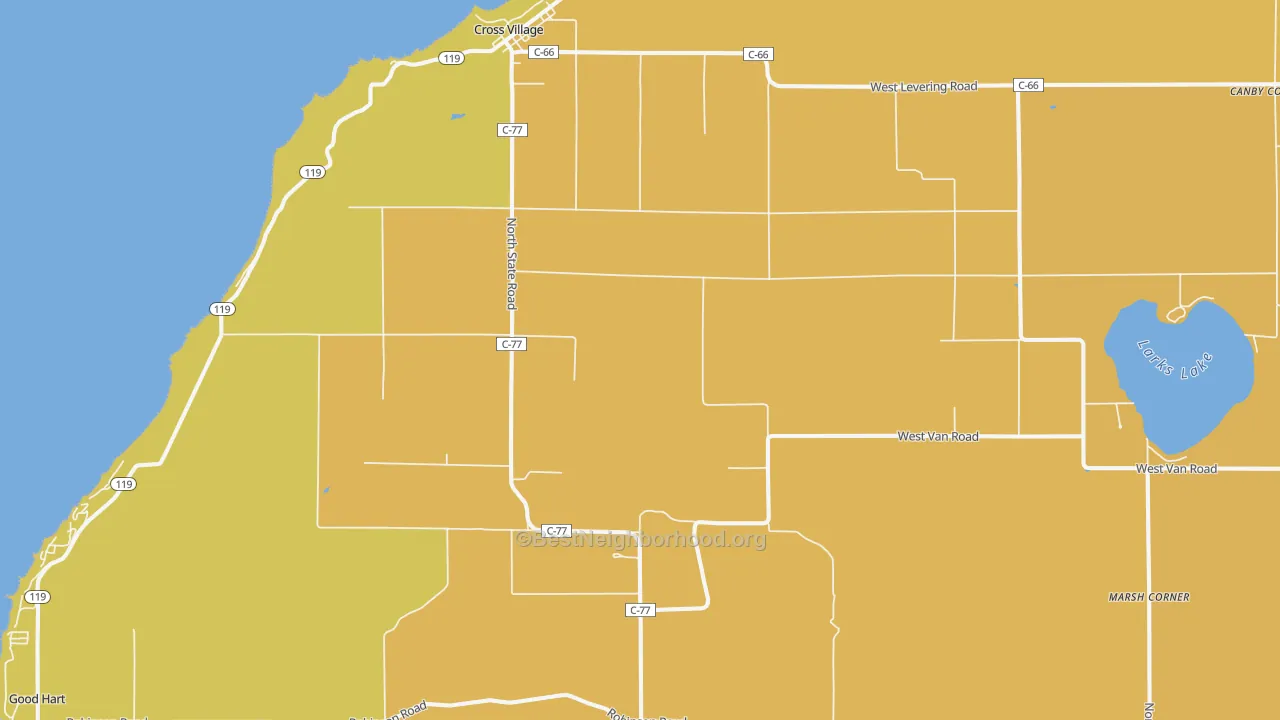 Map of the best neighborhoods in the Cross Village area, with better matches in green and worse matches in red