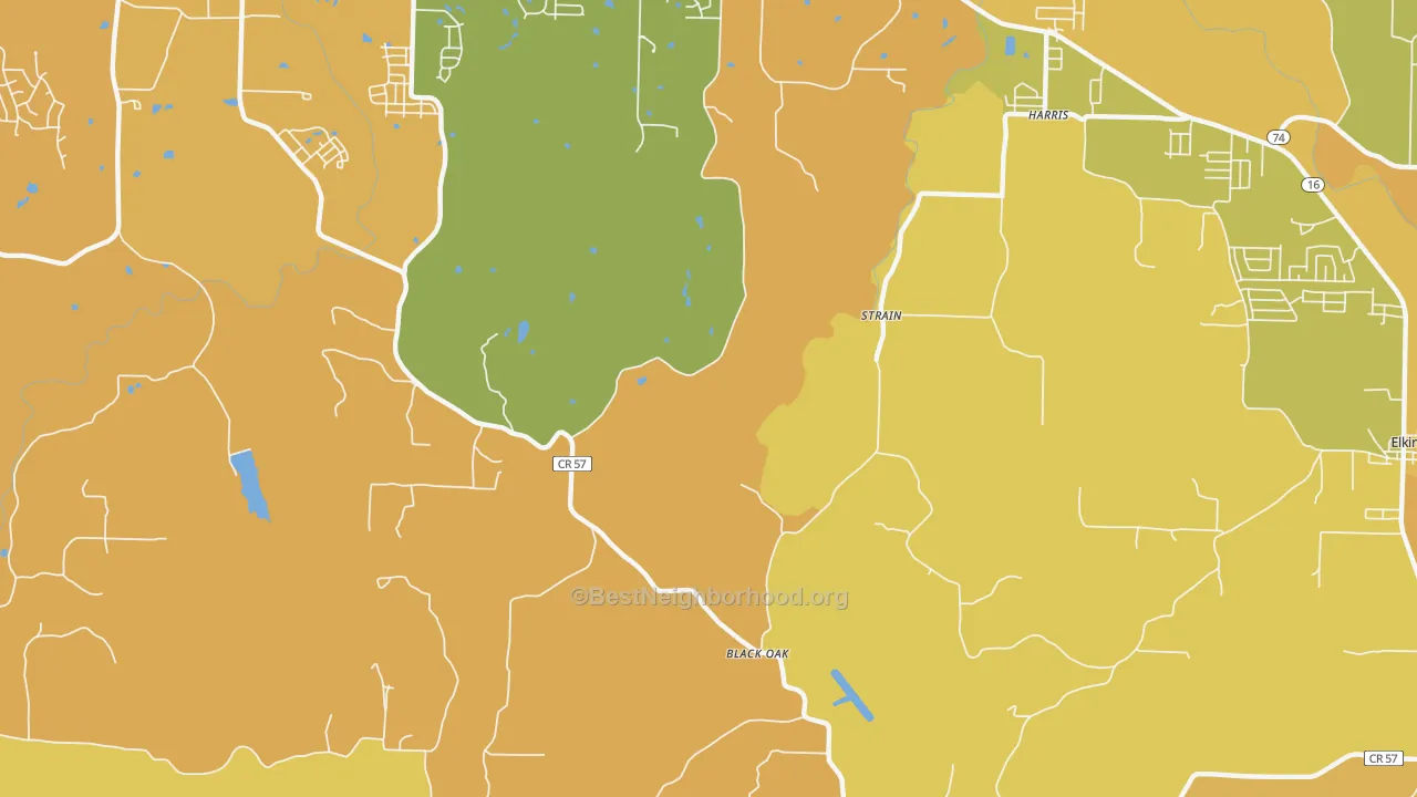 Map of the best neighborhoods in the Crosses area, with better matches in green and worse matches in red