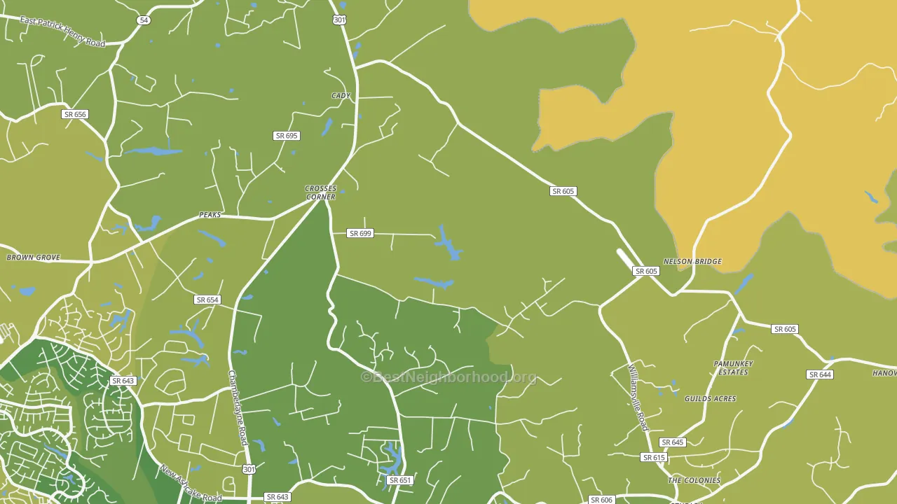 Map of the best neighborhoods in the Crosses Corner area, with better matches in green and worse matches in red