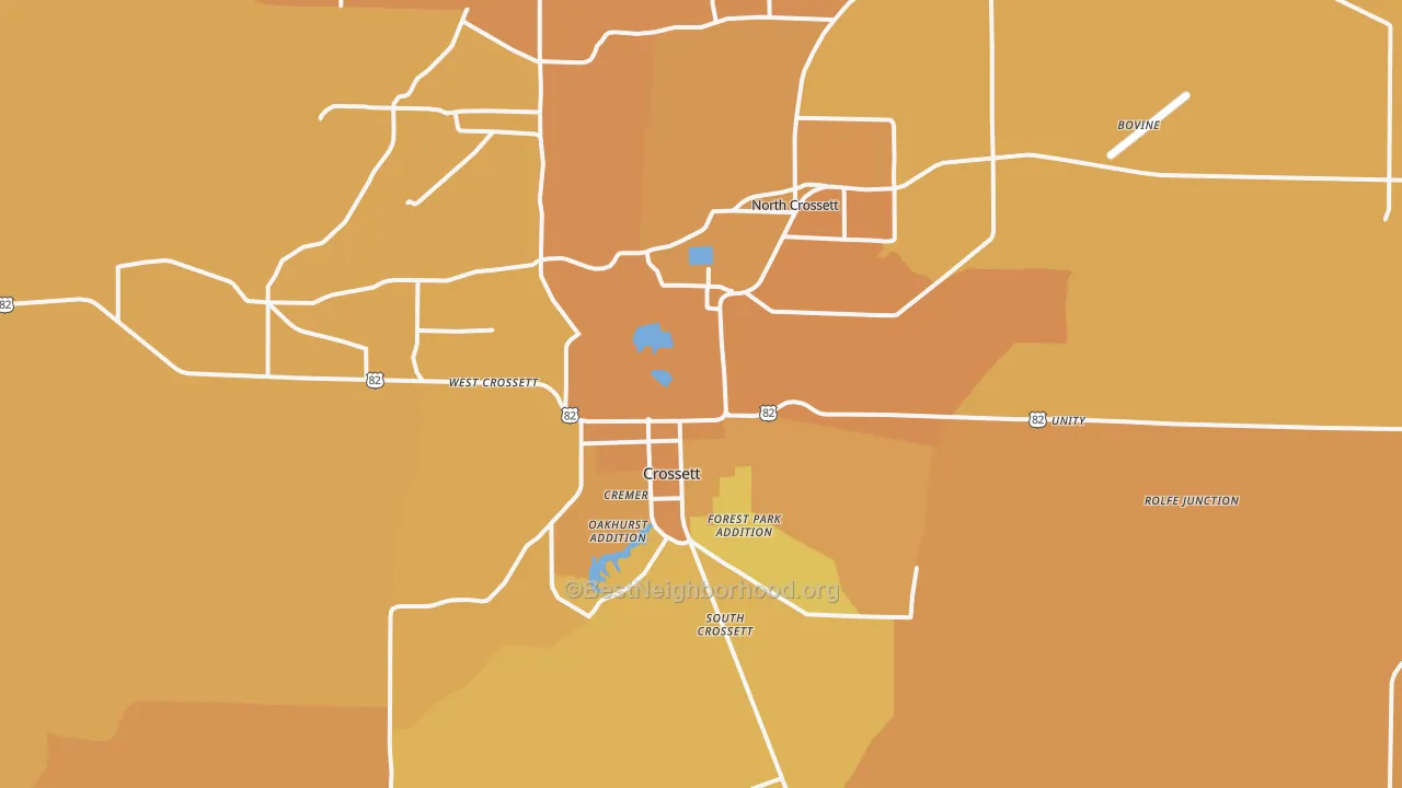 Map of the best neighborhoods in the Crossett area, with better matches in green and worse matches in red