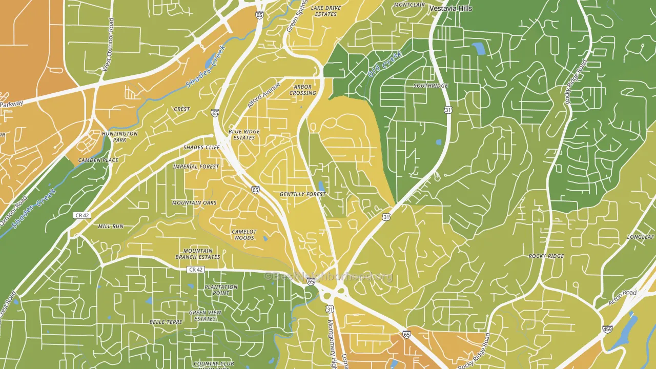 Map of the best neighborhoods in the Crossgate, Vestavia Hills area, with better matches in green and worse matches in red