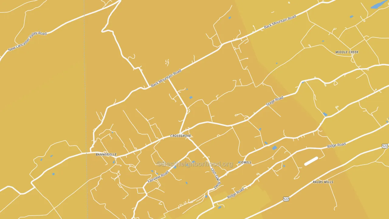 Map of the best neighborhoods in the Crossgrove area, with better matches in green and worse matches in red