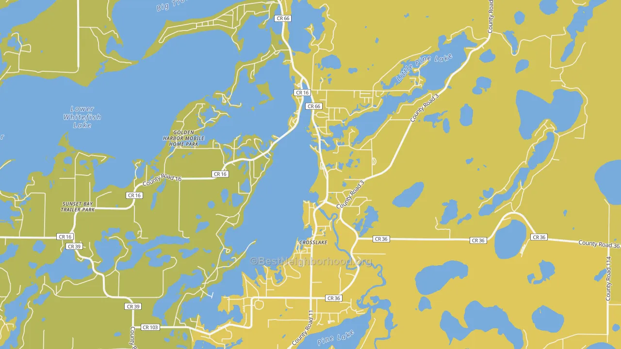 Map of the best neighborhoods in the Crosslake area, with better matches in green and worse matches in red
