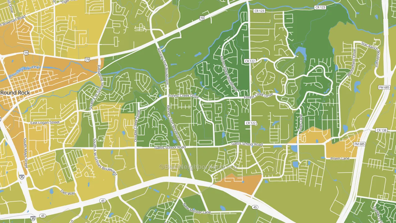 Map of the best neighborhoods in the Crossley Crossing, Round Rock area, with better matches in green and worse matches in red