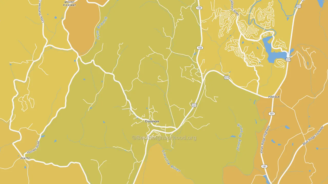 Map of the best neighborhoods in the Crossnore area, with better matches in green and worse matches in red