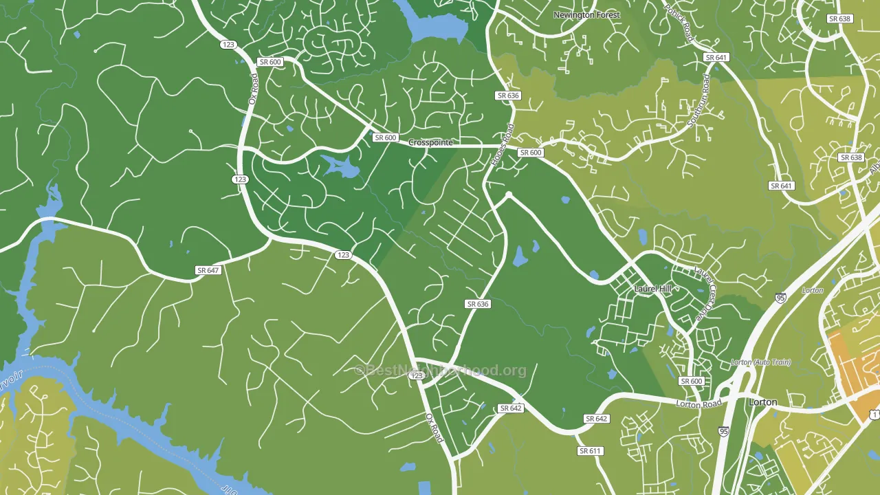 Map of the best neighborhoods in the Crosspointe area, with better matches in green and worse matches in red