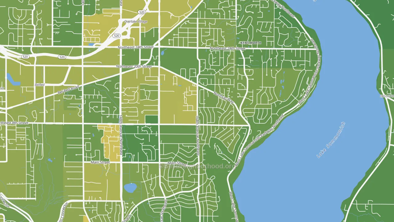 Map of the best neighborhoods in the Crossroads, Bellevue area, with better matches in green and worse matches in red