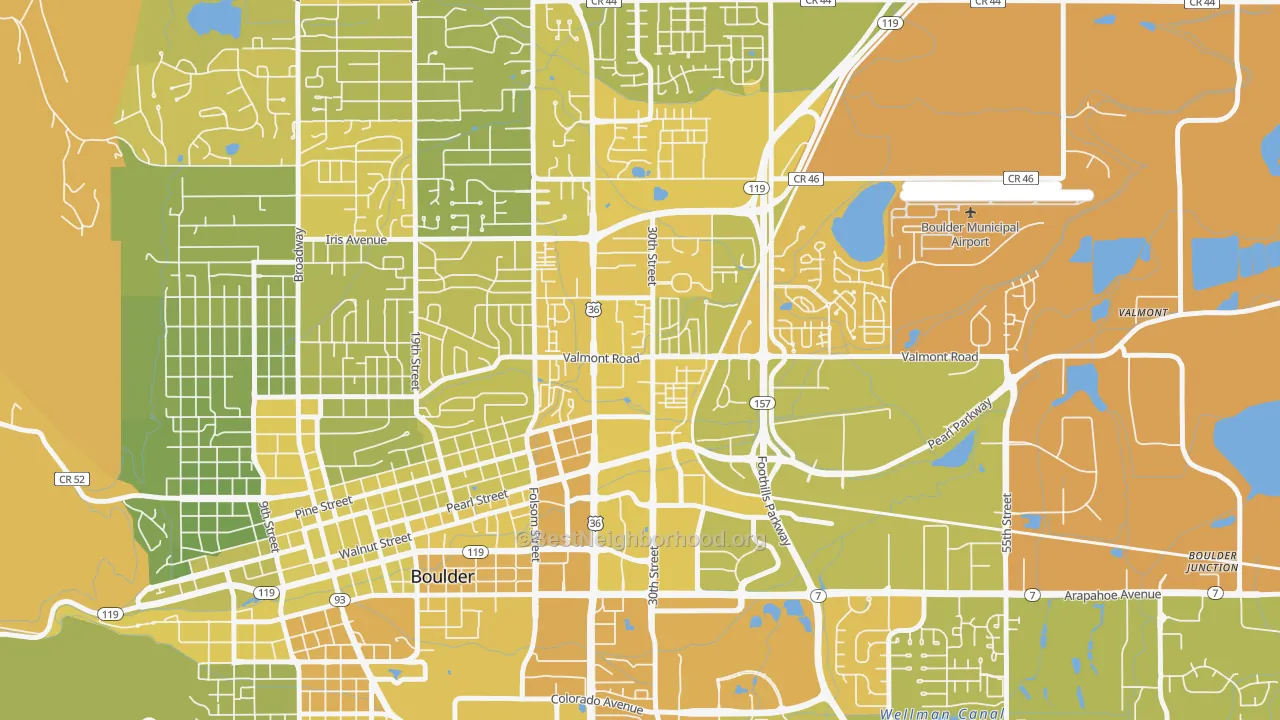 Map of the best neighborhoods in the Crossroads, Boulder area, with better matches in green and worse matches in red