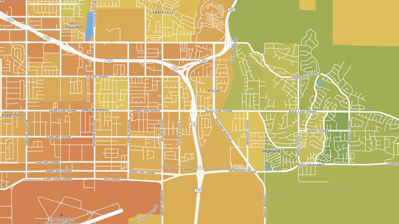 Map of the best neighborhoods in the Crossroads, Highland area, with better matches in green and worse matches in red