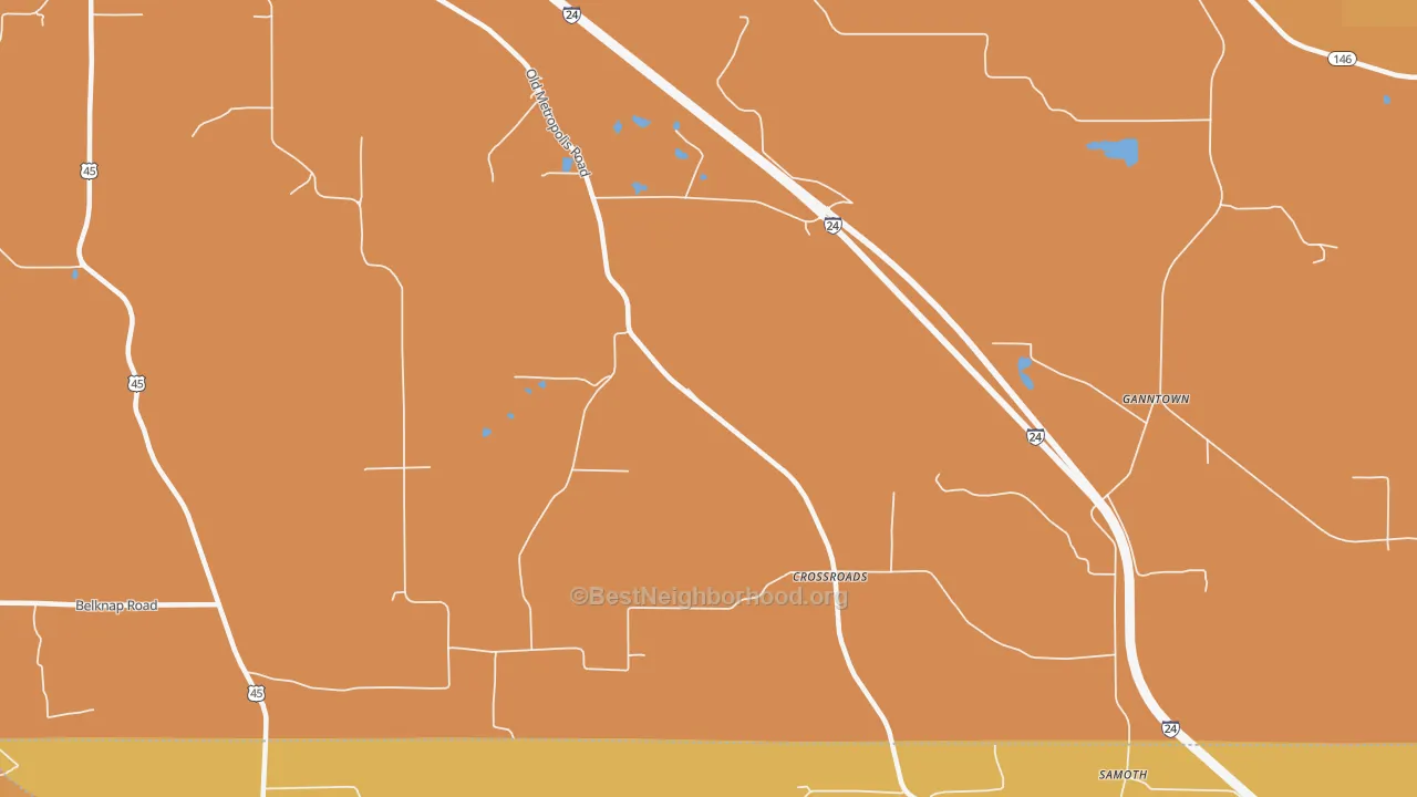 Map of the best neighborhoods in the Crossroads area, with better matches in green and worse matches in red
