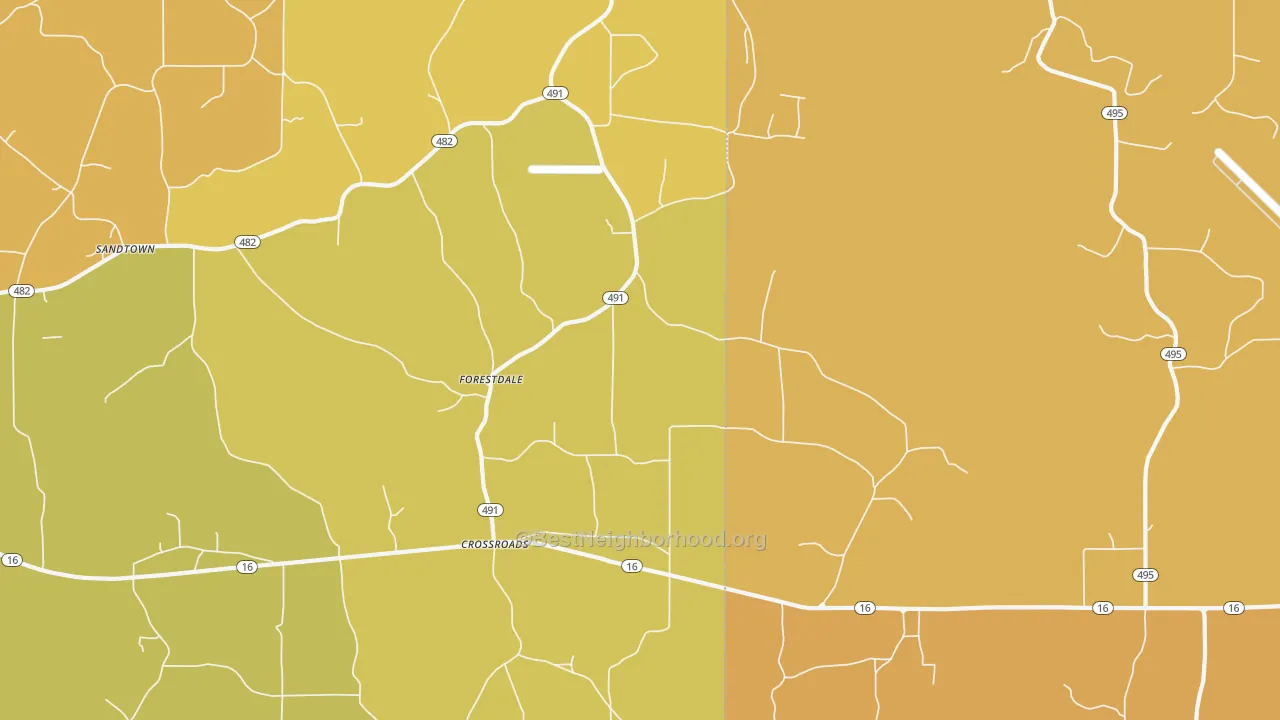 Map of the best neighborhoods in the Crossroads area, with better matches in green and worse matches in red